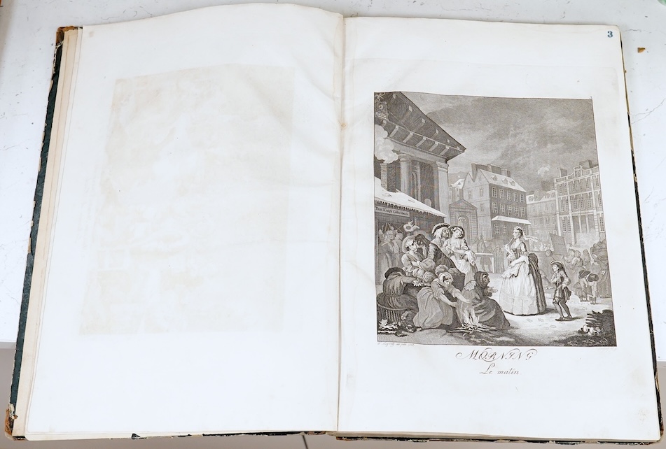 An album of 18th century and later etchings after William Hogarth (1697-1764), to include 'The Reward of Cruelty', 'Strolling Actresses Dressing in a Barn' and 'The Company of Undertakers', with handwritten ink itinerary